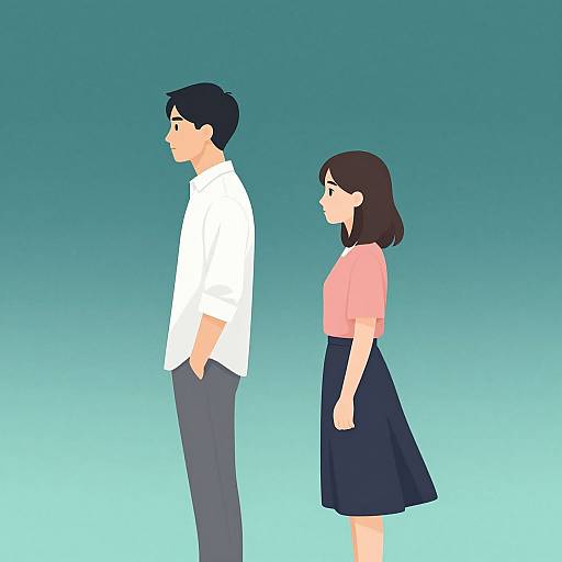 Digital illustration of a young couple standing back-to-back; the man in a white shirt and grey pants, the woman in a pink top and dark skirt