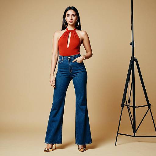 Photograph of a confident woman with long black hair, wearing a red halter top and high-waisted blue jeans, standing in front of a