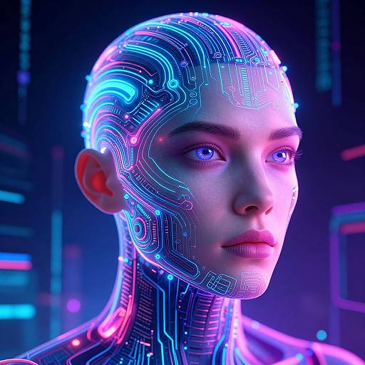Digital CGI of a cybernetic woman with glowing neon blue and pink circuitry on her face and neck, set against a dark, futuristic background.