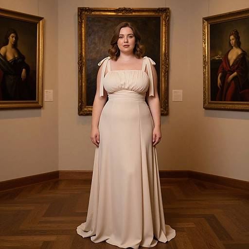 Photograph of a plus-size woman with fair skin and dark wavy hair, wearing a white, floor-length, square-neck gown, standing in an