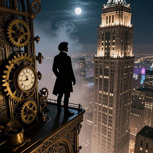 Silhouetted figure in Victorian coat stands on clock tower, overlooking illuminated skyscraper at night, with full moon in the sky.