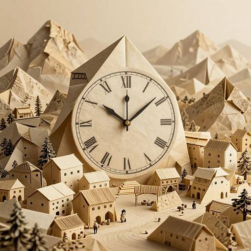 Photograph: Large clock with Roman numerals surrounded by a miniature snowy village with peaked roofs and pine trees, set against a mountainous backdrop.