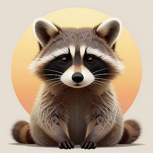 Digital illustration of a cute, detailed raccoon with large, expressive eyes, sitting centered against a gradient orange sunburst background.