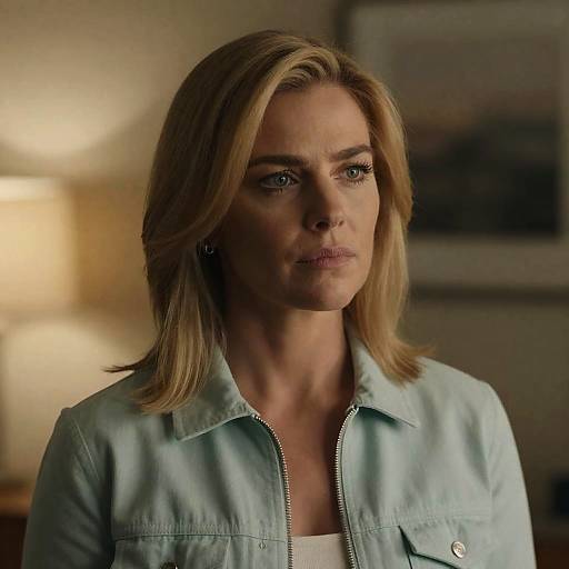 Serious Blonde in Light Green Jacket