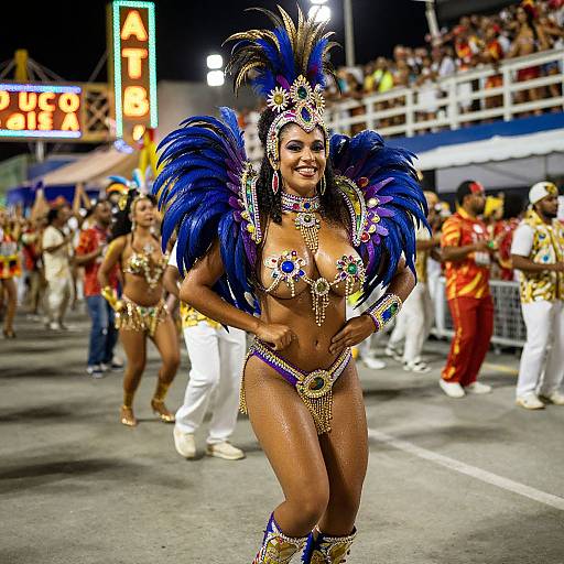 Photograph of a muscular, dark-skinned woman in vibrant blue and gold Carnival costume with feathers, beads, and a crown, confidently strutting on