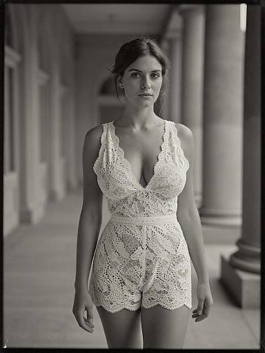 Black-and-white photograph of a confident woman with dark hair in a lace, deep V-neck, high-waisted romper, walking down a colon