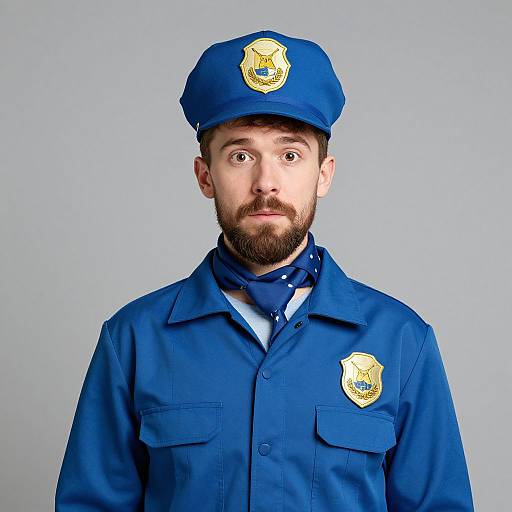 Photograph of a surprised, bearded man with fair skin wearing a blue police uniform, cap, and bandana, against a light gray background.