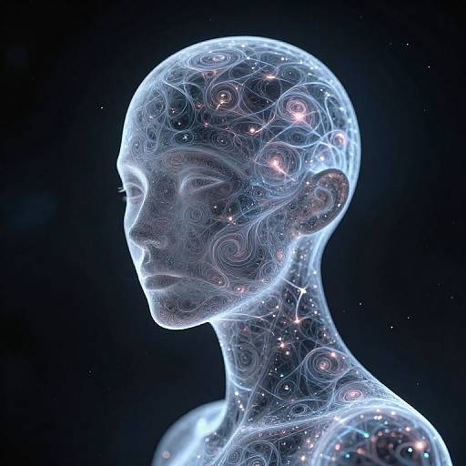 Digital CGI image of a transparent, glowing human head with intricate, swirling patterns and star-like lights, set against a black background.