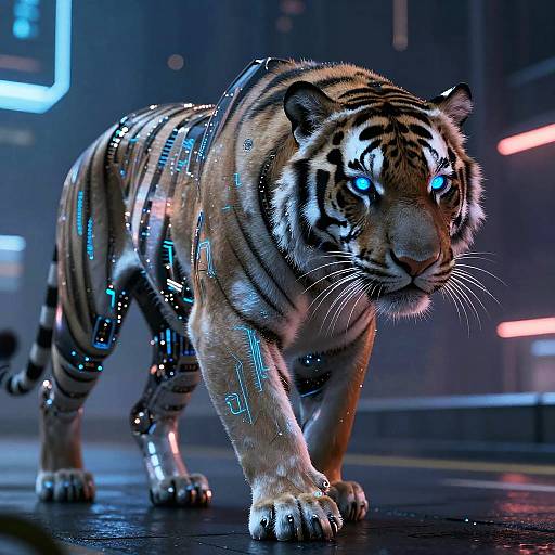 Futuristic Cybernetic Tiger in Neon Metropolis