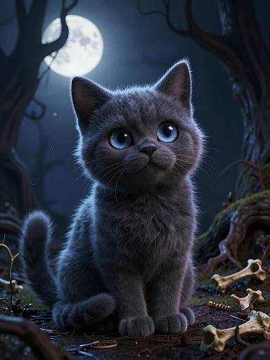 Digital artwork of a cute, blue-eyed, gray kitten with fluffy fur sitting in a dark, moonlit forest, surrounded by scattered bones.
