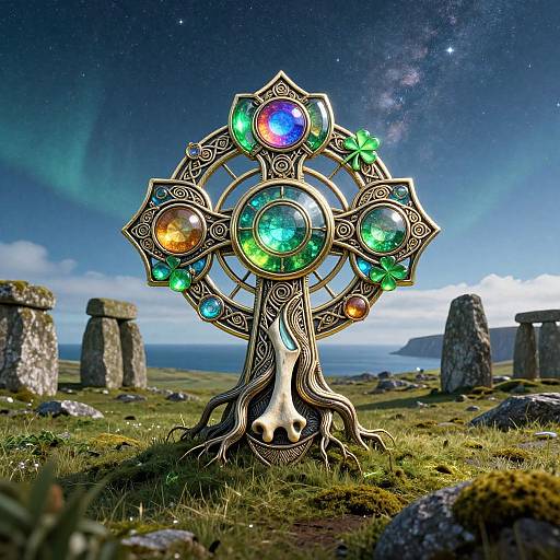 Photograph of a metallic Celtic cross with colorful, glowing orbs set against a starry night sky, ancient stone monuments, and green grassy field.
