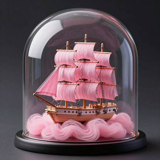 Photograph of a detailed pink-sailed ship model under a clear dome with pink foam waves below, set against a dark background.
