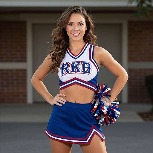Photograph of a smiling, fit, brunette cheerleader with wavy hair, wearing a blue and white 