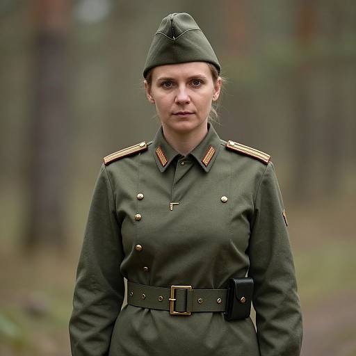 Photograph of a serious-looking woman in a green military uniform with a cap, belt, and gold buttons, standing in a forest.