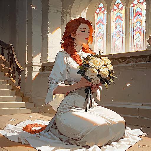 Ginger Bride Kneeling in Church