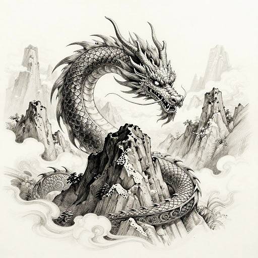 Black-and-white ink drawing of a fierce, serpent-like dragon coiling around jagged mountain peaks, with sharp scales and aggressive expression.