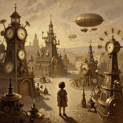 Steampunk cityscape: Child in dark dress stands before oversized clock towers, airships float above, golden sunset, intricate mechanical details.