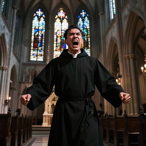 Angry Priest in Gothic Cathedral