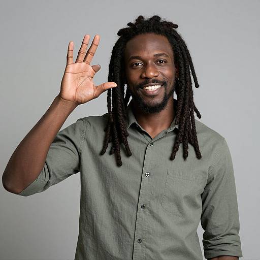 Photograph of smiling, dark-skinned man with dreadlocks, wearing olive green button-up shirt, raising right hand in a wave.