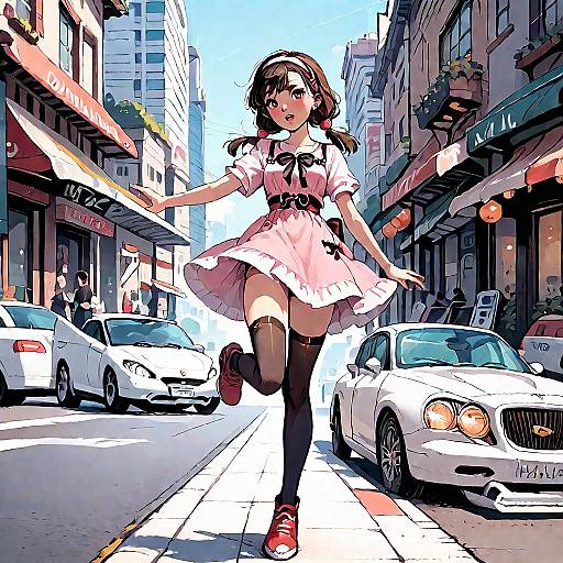 Digital anime-style drawing of a young girl in a pink dress, black stockings, and red shoes running down a busy city street with white cars and storefront