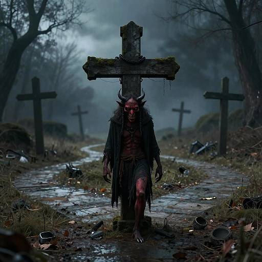 Digital artwork: Gruesome, skeletal figure with horns and tattered fur cloak, carrying a moss-covered cross, walks through a misty, graveyard