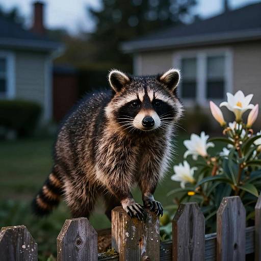 Photograph of a raccoon with striking black-and-white face, standing on a wooden fence, surrounded by white flowers, in a suburban backyard.