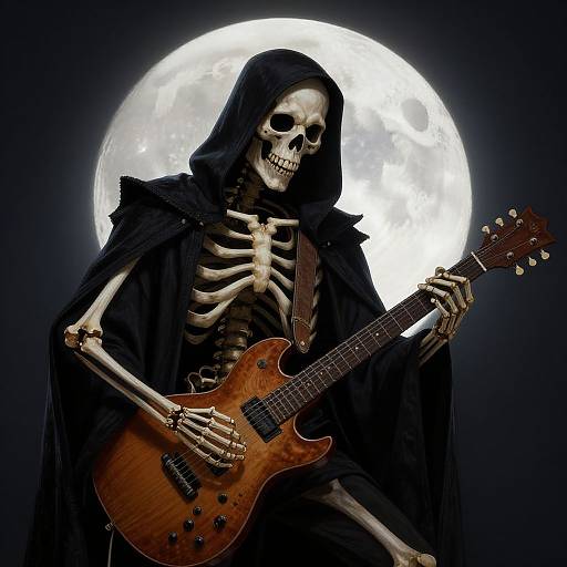 Skeleton Guitarist Under Full Moon