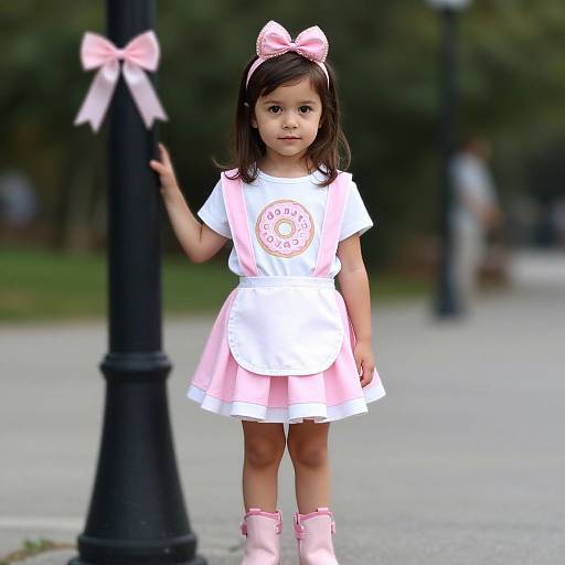 Photograph of a young Latina girl with dark hair, wearing a white shirt, pink skirt, pink boots, and pink bow headband, standing by
