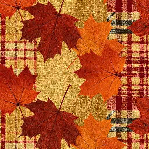 Digital artwork of vibrant autumn leaves in red, orange, and yellow hues, overlaying a plaid background with red, white, and green patterns.