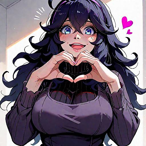 Anime Girl with Purple Hair and Heart Hands