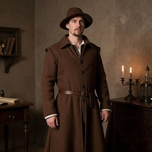 Photograph of a serious, bearded man in a dark brown, long wool coat and matching hat, standing in a dimly lit, rustic room