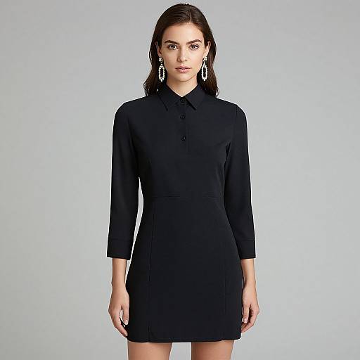 Photograph of a young woman with fair skin and dark brown hair, wearing a black, long-sleeved, button-up dress and large silver earrings