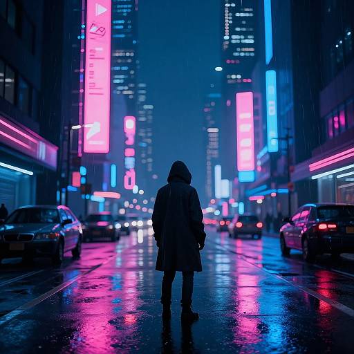 Neon-lit urban night scene photograph: Silhouetted figure in hooded coat stands on wet street, surrounded by glowing pink, blue,