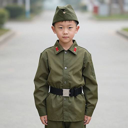 Photograph of a young Asian boy in a military-style olive green uniform with a black belt, red epaulets, and green hat, standing