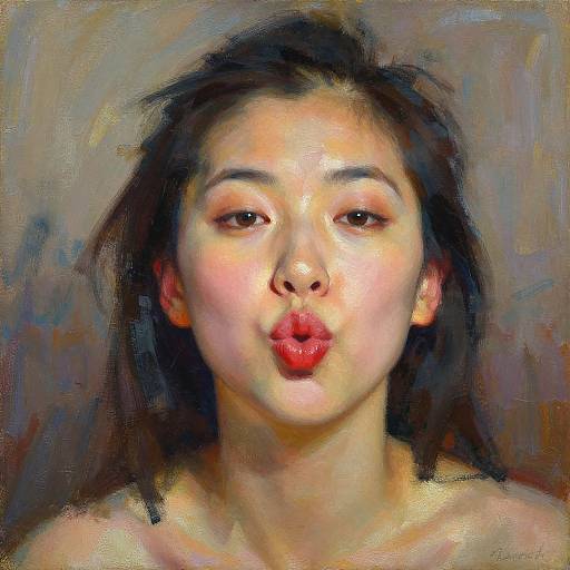 Digital oil painting of an Asian woman with fair skin, black hair, red lips, pouting, against a textured, multicolored background.