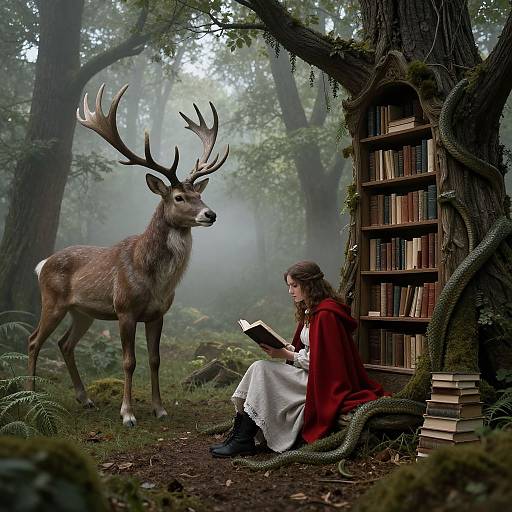 Photograph of a forest scene with a girl in a red cloak reading by a moss-covered, vine-wrapped tree beside a deer with large antlers