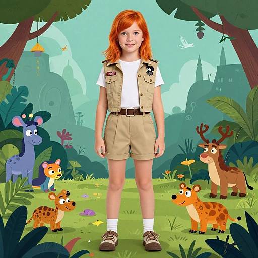 Digital illustration of a red-haired girl in a scout uniform standing in a colorful, cartoon jungle with animated animals and lush greenery.