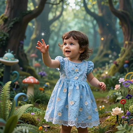 Photograph of a curious young girl in a blue floral dress, sparkling fairy-like hand, enchanted forest with mushrooms, flowers, and trees.