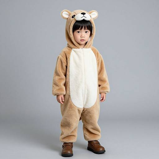 Photograph of an Asian toddler in a tan bear onesie with white belly, bear ears, and brown shoes, standing against a plain gray background.