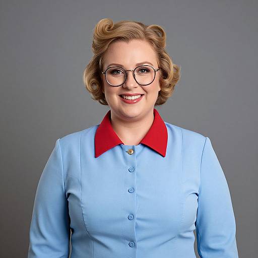 Photograph of a smiling, fair-skinned woman with short, curly blonde hair, wearing glasses, a light blue shirt with a red collar, and