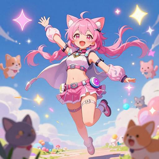 Anime-style digital drawing of a pink-haired catgirl with cat ears, jumping happily in a bright, starry sky with floating cats.