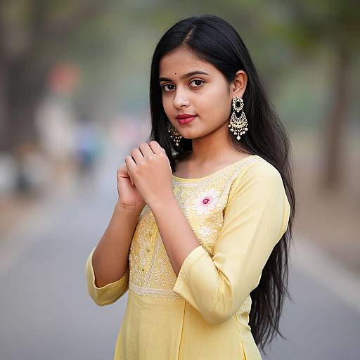 Photograph of a young Indian woman with long black hair, wearing a yellow embroidered kurti and ornate earrings, standing on a blurred street.