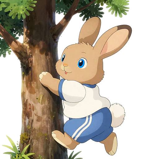 Ghibli-Inspired Pastel Rabbit Climbing Tree