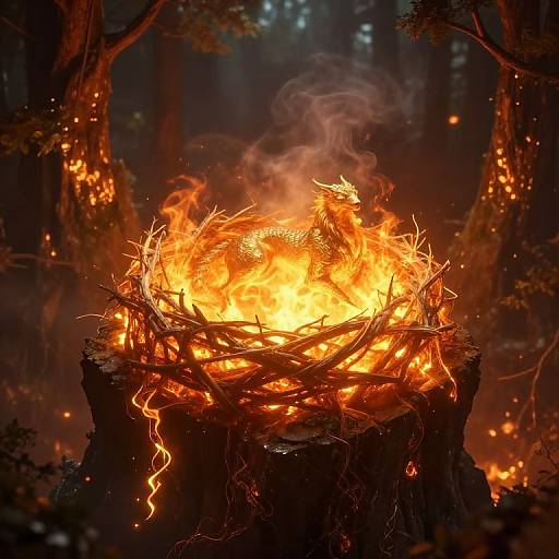 Photograph of a blazing, fiery nest on a tree stump in a dark forest, surrounded by glowing embers and smoke.