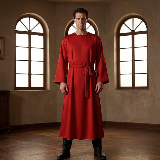 Photograph of a serious-looking man in a long red robe, standing in a dimly lit room with two arched windows behind him.