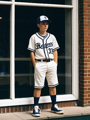 Boy in Baseball Uniform Standing by Window