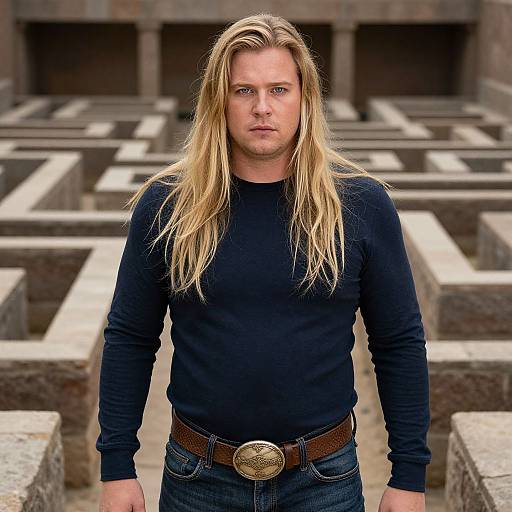 Photograph of a blonde man with long hair, wearing a black long-sleeve shirt and blue jeans, standing in front of a stone maze background