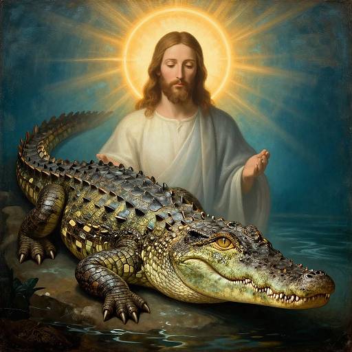 Digital artwork of Jesus with a glowing halo, gently touching a large, detailed, green alligator with yellow eyes in water.