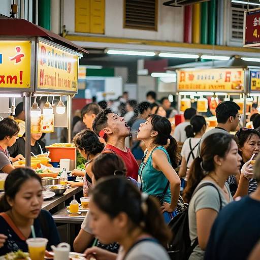 Photograph of a bustling, brightly lit night market, crowded with diverse Asian people, eating and drinking, under neon signs.