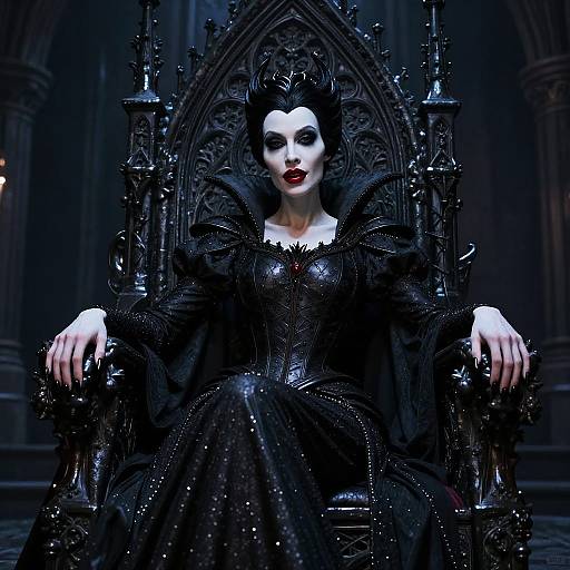 Gothic queen in black, detailed, sparkling gown and crown, sitting on ornate, dark throne in dimly lit, cathedral-like room.